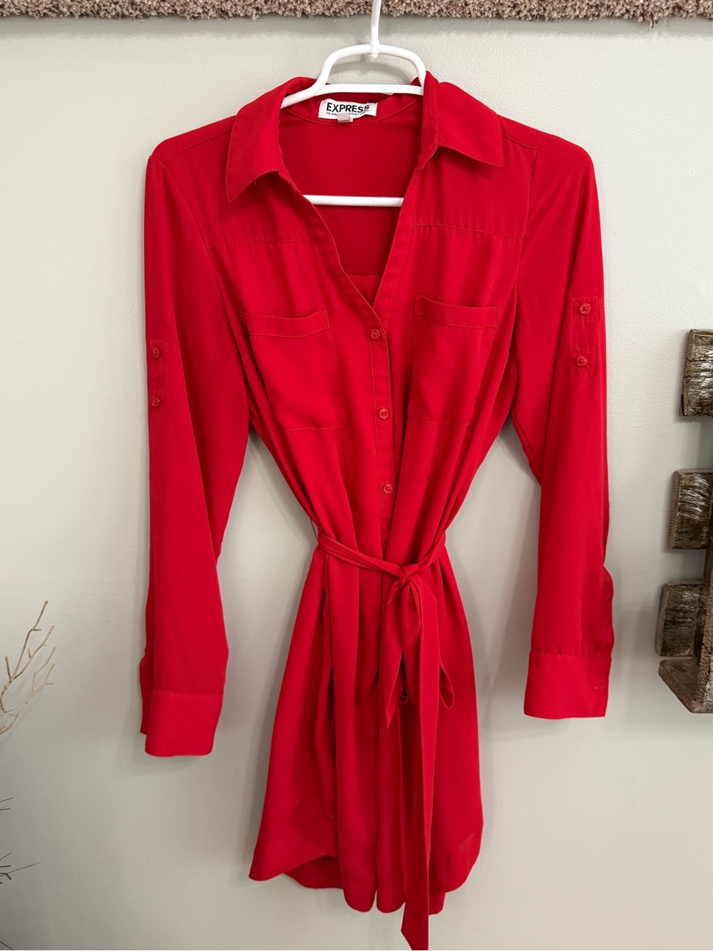 Express Red Collared Button-Front Dress with Self Tie